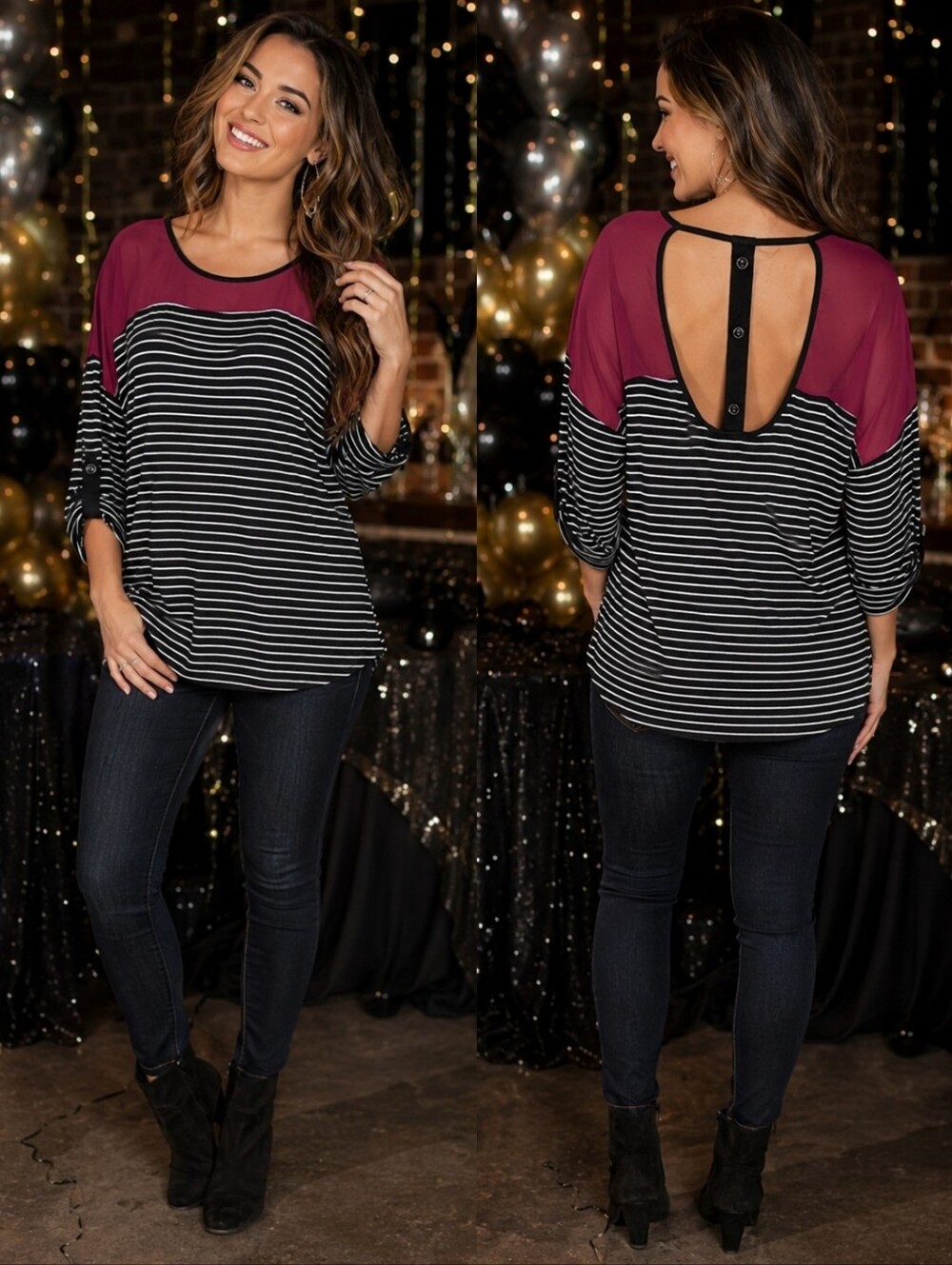 Vanity Striped Shirt With Chiffon Yoke And Open Back
